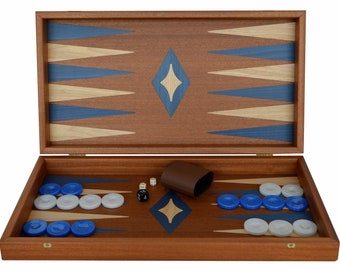 Traditional Mahogany wood Handmade Backgammon Set - Blue White checkers