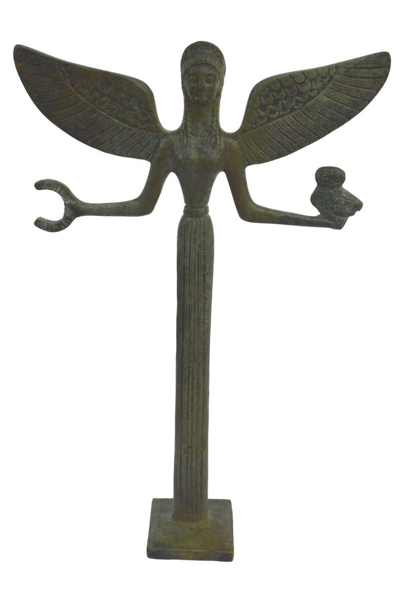 Nike bronze sculpture Victory holding wreath and Owl statue image 0