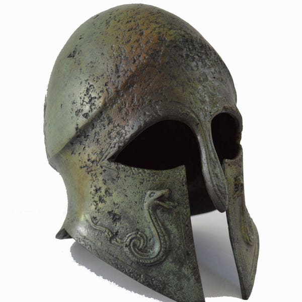 Bronze Helmet with carvings ancient Greek half size reproduction artifact