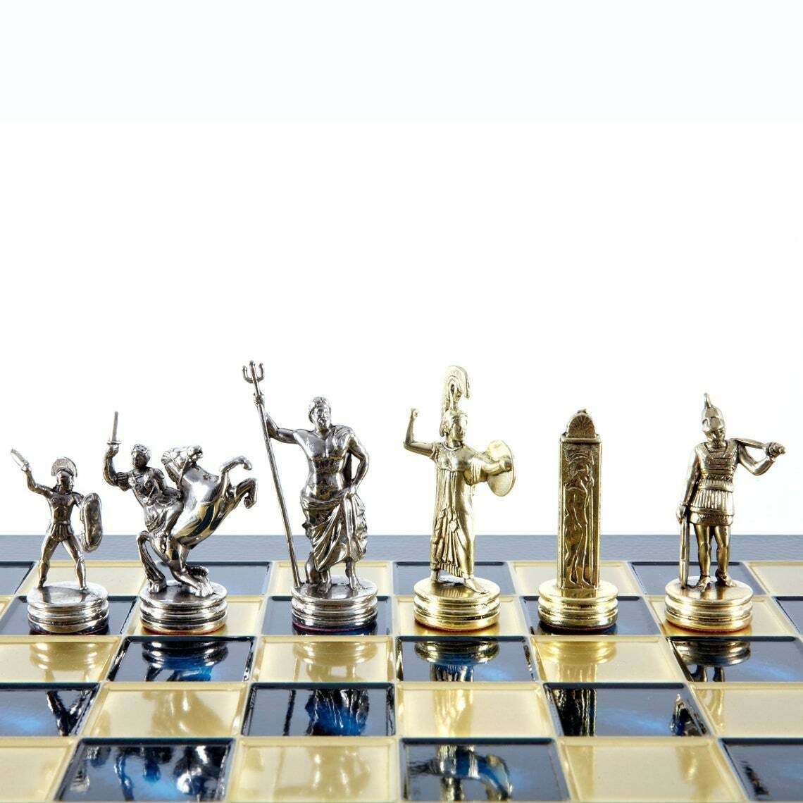 Large Poseidon Theme Chess Set Brass & Nickel Pieces with Blue
