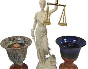 Themis sculpture Goddess of justice plus Pythagoras two cups of justice