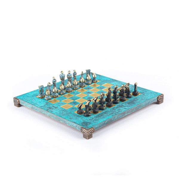 Kykladenkunst Schachspiel mit Bronze Material - Blau Handgemachtes oxidiertes Schachbrett