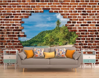 SELF-ADHESIVE BRICK Wall Mural, 3D Beach Wallpaper, Palms Wall Tapestry, Ocean View Wall Hanging, Rustic Wall Art, Exotic Wall Covering