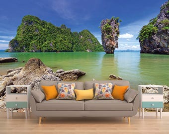 Thailand Wallpaper, ISLAND WALL COVERING, Exotic Wall Tapestry, Beach Wall Sheet, Nautical Wall Hanging, Rocks Wall Art, Large Wall Decor