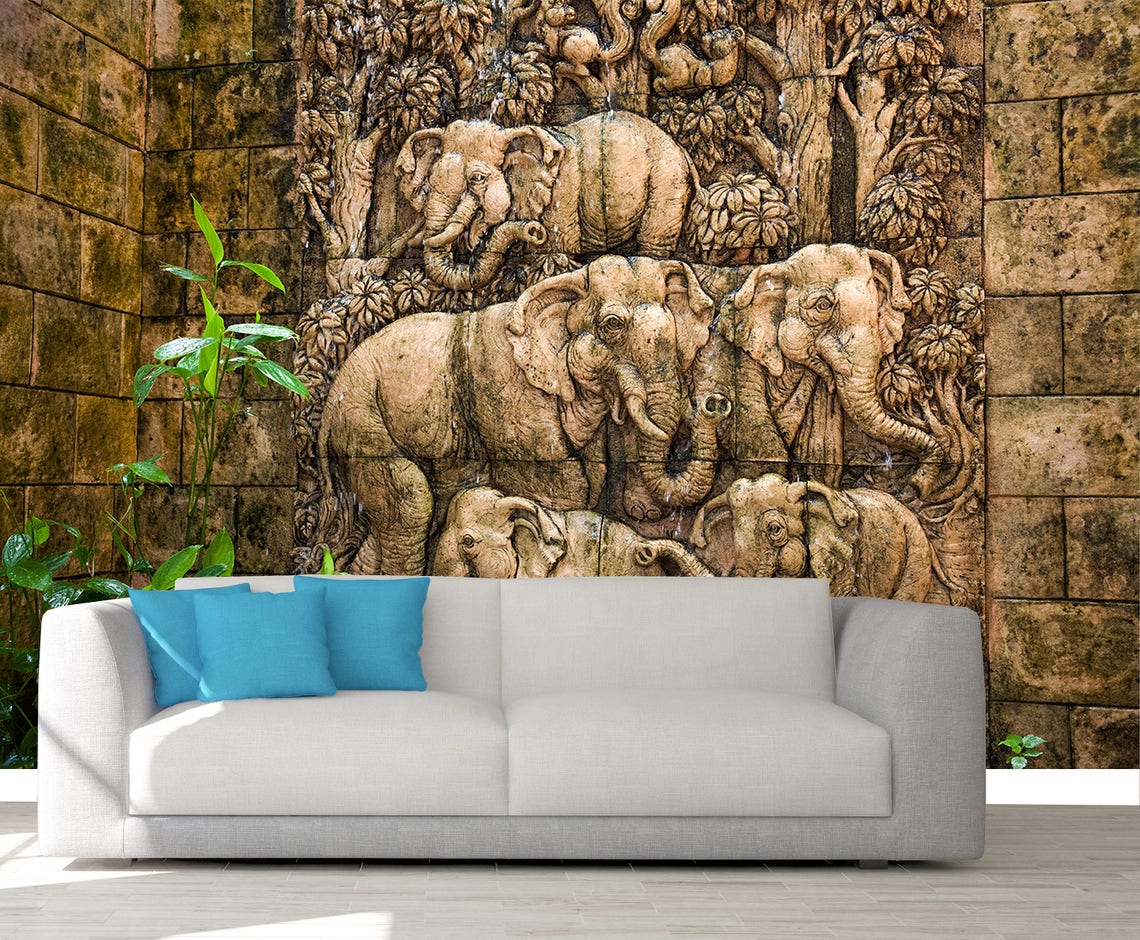 Peel and Stick Wall Art Elephants Wallpaper Rustic Wall Etsy