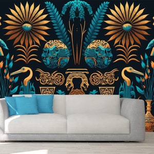 EGYPTIAN DECOR WALLPAPER, Peel And Stick, Egyptian Symbols Mural, Egyptian Wall Art, Egyptian Wall Décor, Turquoise Wall Art, Egypt Wall