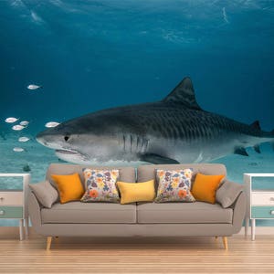 Arte da parete con squalo, Buccia e bastone, Decorazione da parete con squalo, Sotto il mare, Carta da parati subacquea, Grande squalo, Decorazione della camera dei bambini, Arte della parete della camera dei bambini