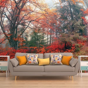 AUTUMN WALL ART, Forest Wall Mural, Wood Wallpaper, Peel And Stick Wall Art, Customized Wall Décor, Personalzied Wall Decal, Self-adhesive