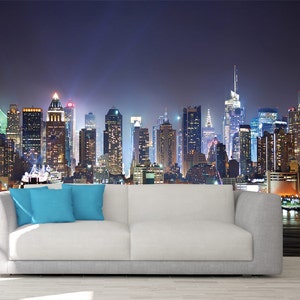 New York Print, MANHATTAN WALL COVERING, New York City Wallpaper, Nachtlichter Wandkunst, Stadt Wandtattoo, abziehen und aufkleben, individuelles Geschenk