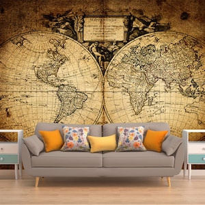 ALTE LANDKARTE TAPETE, Selbstklebende Wandkunst, Landkarte der Welt Wandbedeckung, Vintage Wand dekor, Peel and Stick Karte, rustikale Wand wandteppich