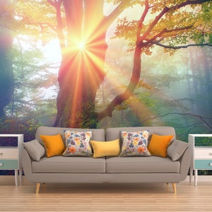 WALD SONNENUNTERGANG TAPETE, Bäume Wandbedeckung, Natur Wandkunst, Zauberwald Wanddeko, romantische Ansicht Wand gobelin, Custom