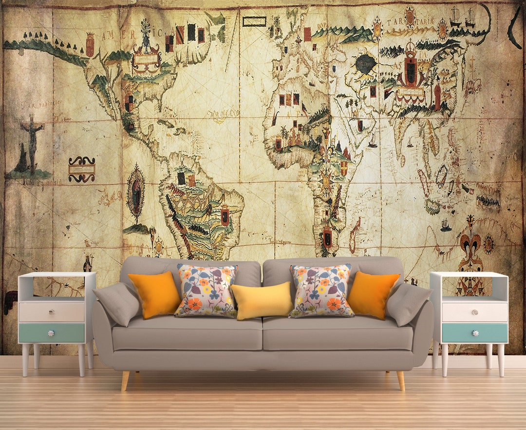 Buy OLD MAP Peel & Stick Wall Mural, Old Map of the World Wallpaper ...