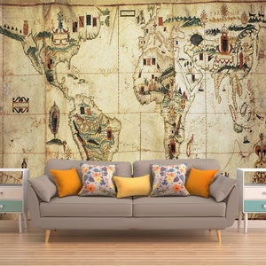 OLD MAP Peel & Stick Wall Mural, Old Map Of The World Wallpaper, revêtement mural vintage, tentures murales rustiques, art mural Old Map, auto-adhésif