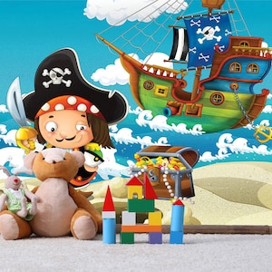 KIDS PIRATE WALLPAPER, Peel And Stick Nautical Wall Mural, Pirate Wall Art, Nursery Treasure Wall Covering, Kids Ship Wall Décor