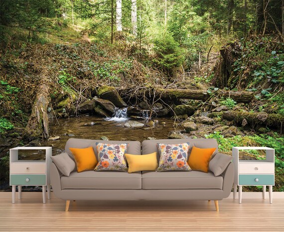 FOREST RIVER WALL Art Forest, Forest Wallpaper, Green Forest Print