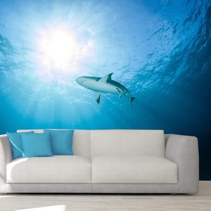 MURALE DI SQUALI, carta da parati Peel and Stick Sharks, Rivestimento murale subacqueo, Murale subacqueo del soffitto, Rivestimento del soffitto degli squali, Parete dell'oceano