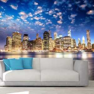 Manhattan Aussicht Tapete, MANHATTAN WALL Wandbild, selbstklebend, Stadt bei Nacht Wandkunst, USA Wandbedeckung, romantische Szene Wanddeko, Custom