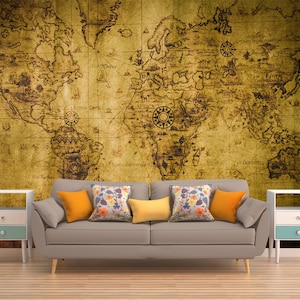 Map Of Years Wall Mural, OLD MAP WALLPAPER, Self-adhesive Map Of The World, Vintage Map Wall Covering, Rustic Décor Wall Hanging, Reusable