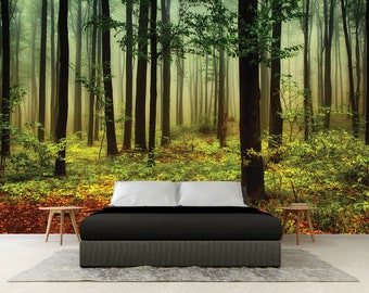 Forest Wallpaper, PEEL AND STICK, Forest Wall Art, Forest Decor, Forest Wall Decal, Foggy Mountain, Foggy Forest Wall Art, Foggy Forest Wall