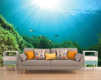 Under The Sea Peel & Stick Wall Mural, OCEAN UNDERWATER WALLPAPER, Ocean Coral Reef Wall Art, Fishes Wall Covering, Diving Coral Bay Wall