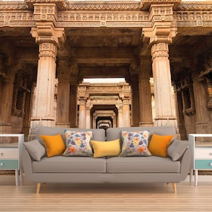 INDIAN TEMPLE WALLPAPER, Peel And Stick Wall Art, 3D Wall Décor, Indian Wall Tapestry, Stone Carving Wall Decal, Customized Wall Covering