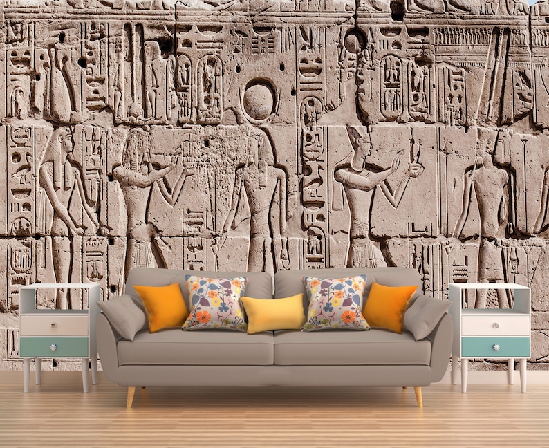 EGYPTIAN DECOR WALLPAPER, Egyptian Wall Art, Egyptian Wall Décor, Pharaoh Art, Hieroglyphs Poster, Egypt Wall Covering, Rustic Home Décor image 1