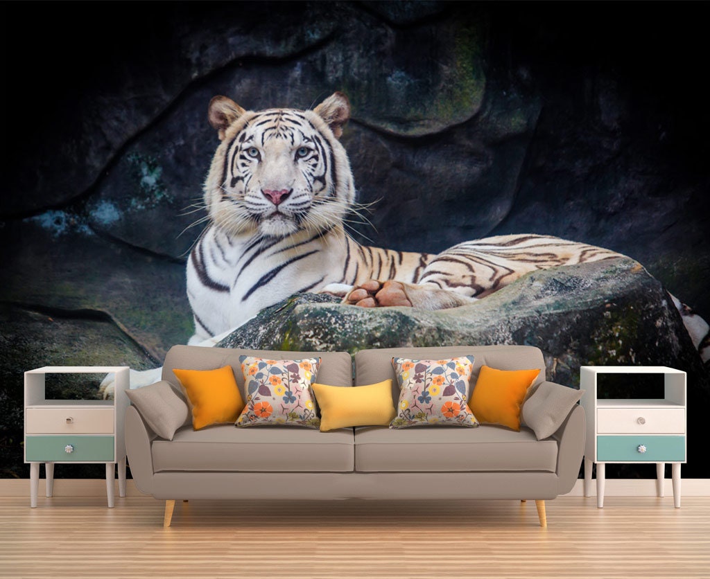 ホワイトタイガーウォールアートプリント、剥がして貼るだけ、タイガー壁紙、タイガーウォールアート、タイガーウォールプリント、タイガー壁紙、動物プリント  - Etsy 日本, image size:1024x836