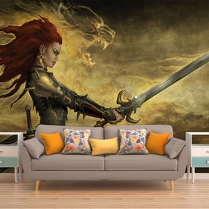 WOMAN WORRIOR WALLPAPER, Peel And Stick Wall Mural, Fantasy Wall Art, Dark Fantasy Wall Décor, Medieval Wall Covering, Spirit Animal Wall