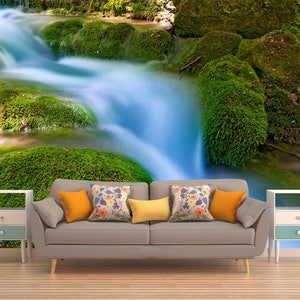 Spring Waterfall Wallpaper, Calm View Wall Mural, WATERFALL WALL COVERING, Mossy Stones Wall Art, River Wall Décor, Peel And Stick, Custom