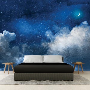 Starry Sky Wallpaper, PEEL AND STICK, Ceiling Decor For Kids Room, Starry Sky Painting, Starry Night Print, Watercolor Art, Clouds Wall Art