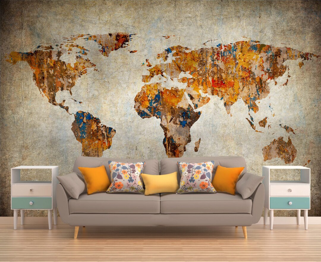 Grunge Map Wall Mural MAP OF the WORLD Wallpaper Peel and Etsy