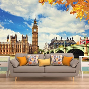 London Wall Mural, BIG BEN WALLPAPER, London Autumn Wall Covering, Peel and Stick City Wall Art, London Big Ben Wall Hanging, Big Ben Wall