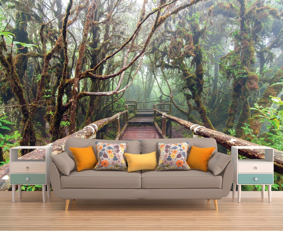 Forest Bridge Wall Mural, PEEL AND STICK Wallpaper, Trees Wall Covering