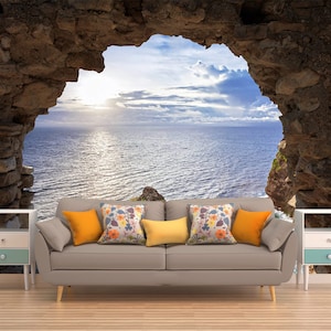 Stone and Sea Wall Mural, Stone Wallpaper,Stone Mural, Stone Wall Decal, Stone Photo Wallpaper,Removable Wallpaper,Self Adhesive Wallpaper