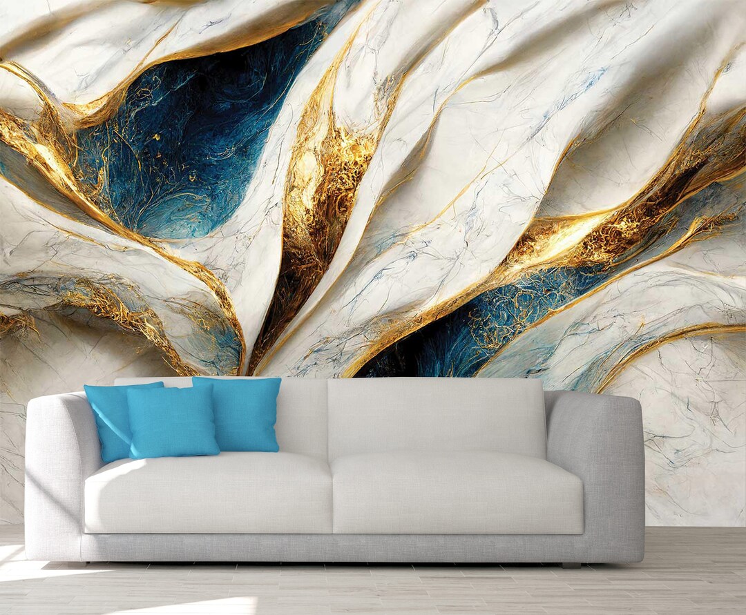 Blue and Gold Marble Wallpaper Mural, Peel and Stick Wall Art - Etsy