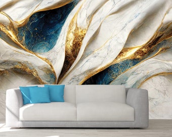 Marble Wallpaper, PEEL AND STICK, Marble Wall Art, Blue Marble, Blue And Gold Wall Art, Golden Decoration, Gold Marble Wallpaper, Marble Art