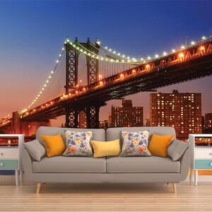 Manhattan Bridge PEEL AND STICK Wandbild, Fototapete, Eco Zertifizierte Wanddeko, New York Wandkunst, Nachtszene Wandbehang