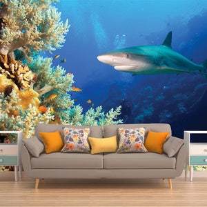 Subacqueo Wall Art, Shark decorazione murale, carta da parati squalo, Decalcomanie da muro esotico, rimovibile decorazione murale, muro che copre Shark, attaccatura di parete arte