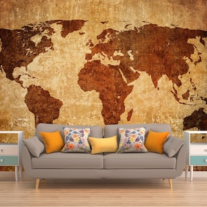 Aged Map Peel & Stick Wall Mural, OLD MAP WALLPAPER, Map Of The World Wall Hanging, Vintage Map Wall Covering, Rustic Map Of The World