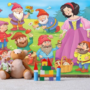 Snow White and The Seven Dwarfs Wall Covering, Illustration Wallpaper, Kids Room Wall Decor, Colorful Wall Tapestry, SAFETY CERTIFIED
