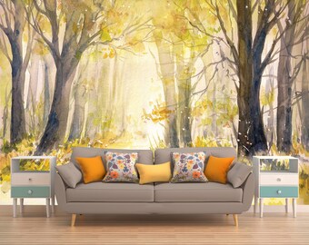 Watercolor Painting, PEEL AND STICK, Watercolor Print, Woodland Nursery Decor, Watercolor Forest Wallpaper, Pastel Painting, Pastel Wall Art