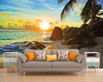 Beach Sunset PEEL & STICK Wall Mural, TROPICAL Wallpaper, Eco Certified Wall Decal, Palms Wall Decor, Sand Wall Art, Sunrise Wall Hanging