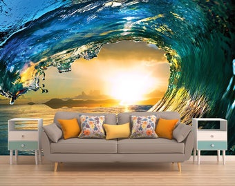 Wave Wall Decal, Sunset Wall Mural, Peel And Stick, Vinyl Wallpaper, Wall Covering, Water Wall Art, Wall Decor Sunset, Wallpaper Wave