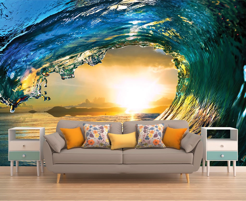 Wave Wall Decal Sunset Wall Mural Peel and Stick Vinyl Etsy