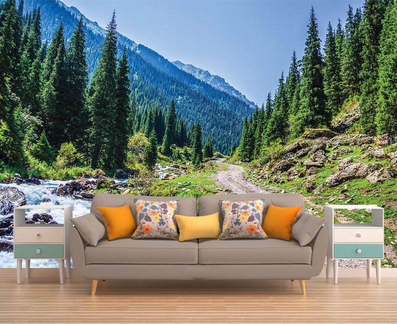 Wall Decor Mountain Pine Trees Wall Mural Spring Wallpaper Etsy