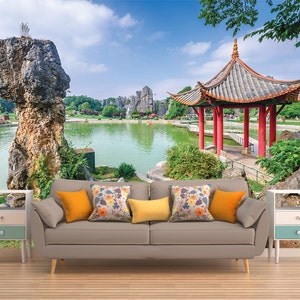 JAPANESE GARDEN WALLPAPER, Self-adhesive Wall Mural, Garden Wall Covering, Lake Wall Art, Peel And Stick, Japanese Garden Bridge, Customized