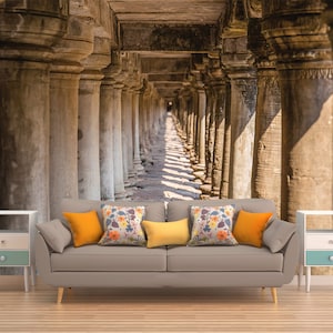 Stone Columns Wallpaper, PEEL AND STICK Wall Mural, Temple Wall Art, Rustic Wall Décor, 3D Wall Sheet, Cambodia Wall Tapestry, Customized