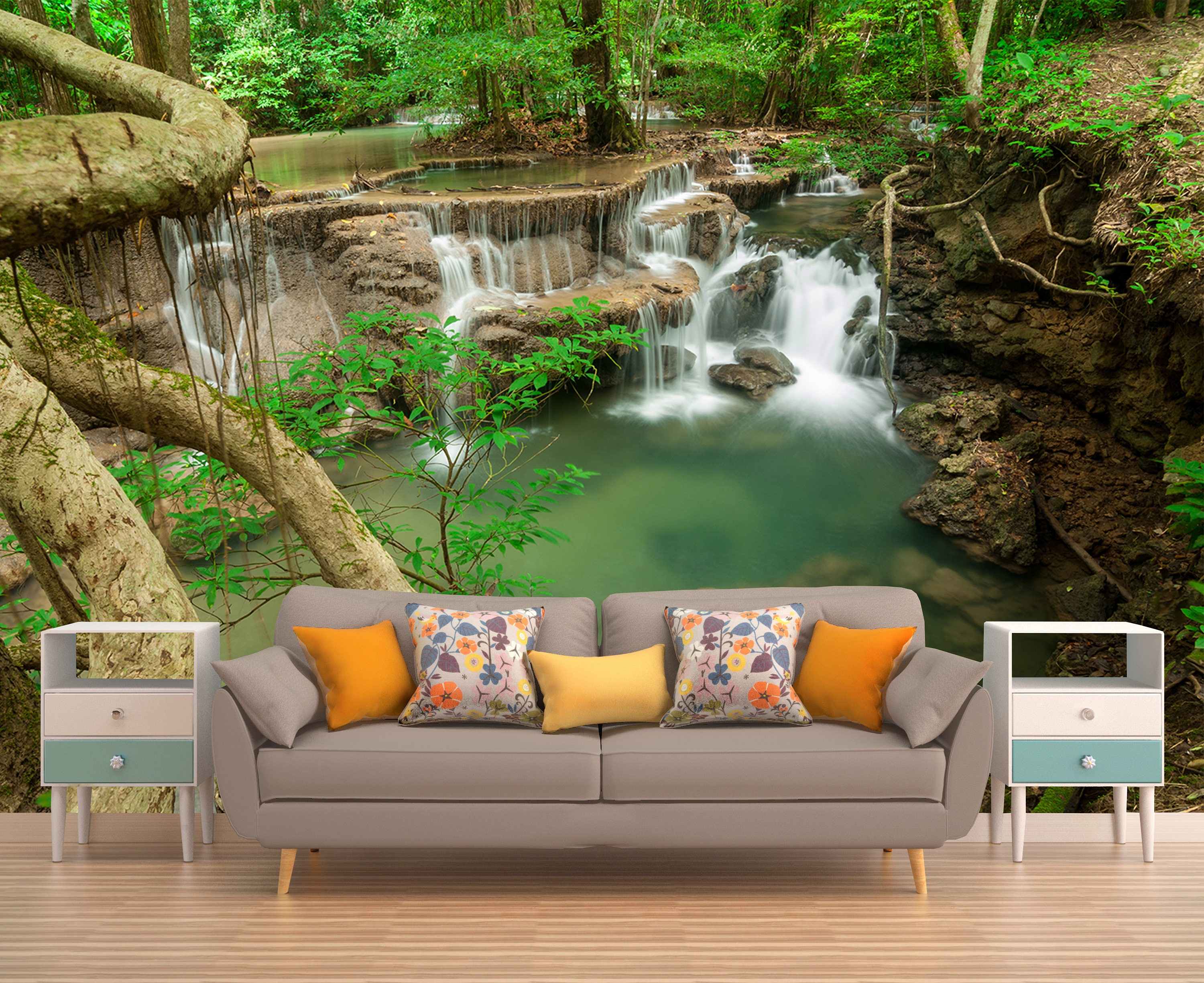 GREEN SPRING WATERFALL stream Mural Photo Wallpaper for BEDROOM living room