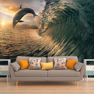 Dolphin Wall Art, PEEL AND STICK, Dolphin Wall Decor, Wave Wall Decal, Wave Wallpaper, Dolphin Decal Waterproof, Dolphin Fish, Dolphin Gifts