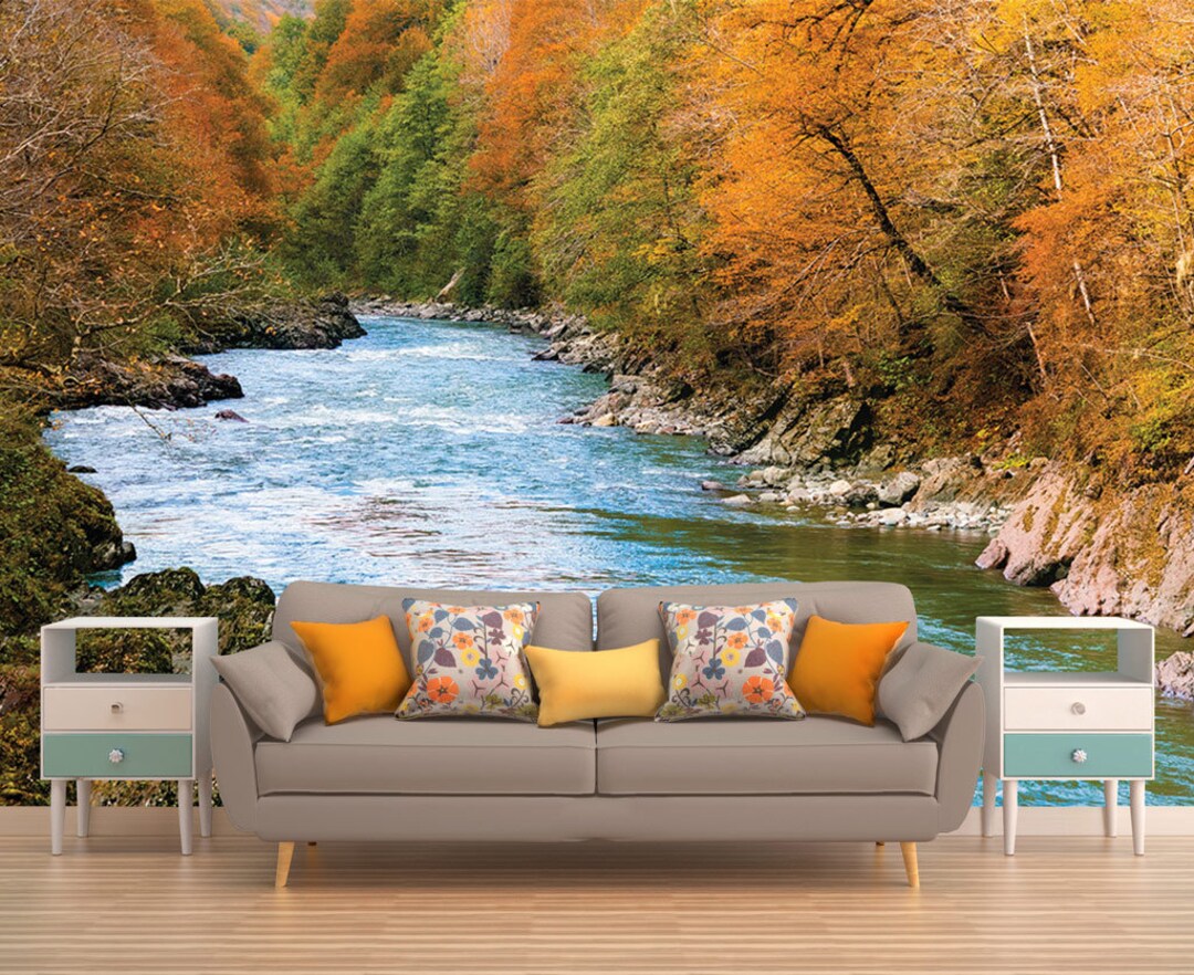 River Wall Mural, FOREST RIVER WALLPAPER, Peel and Stick Wall Covering, Autumn Forest Wall Art ...